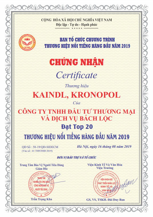 Kaindl vinh danh top 20 thương hiệu nổi tiếng hàng đầu Việt Nam 2019